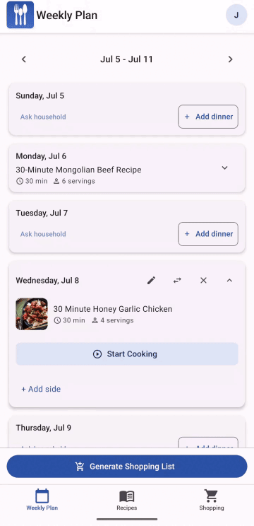 Creating a grocery list in Family Plates